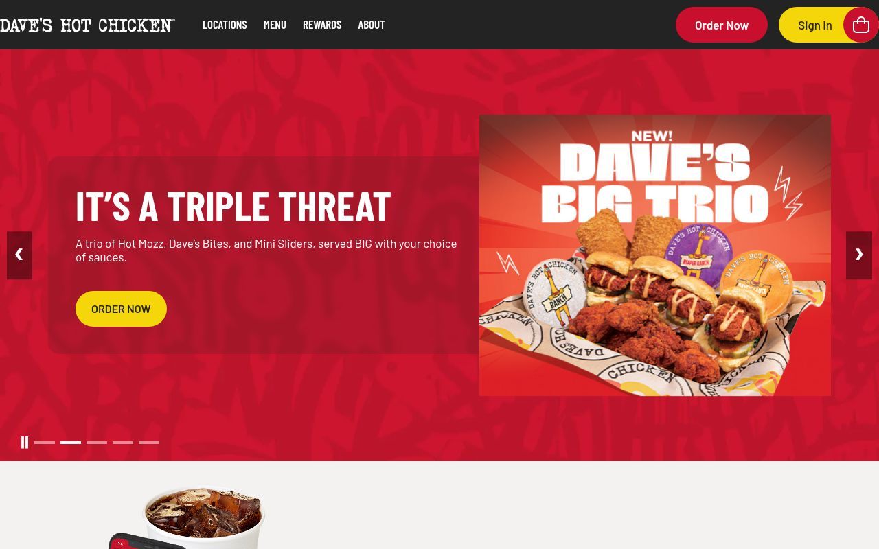 Homepage screenshot of daveshotchicken.com