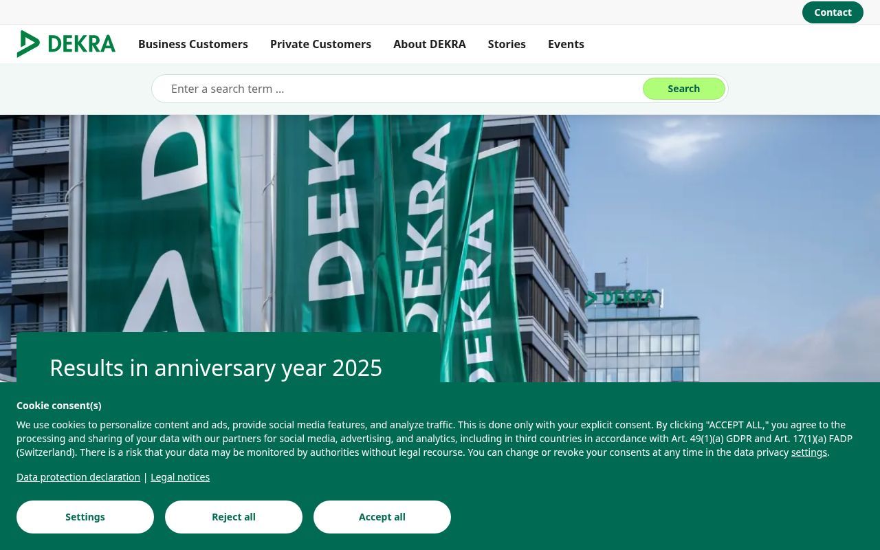 Homepage screenshot of dekra.com