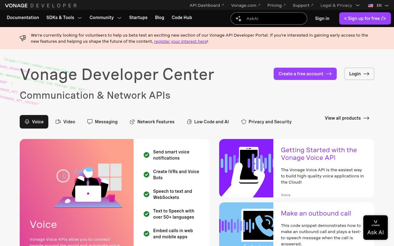 Homepage screenshot of developer.vonage.com