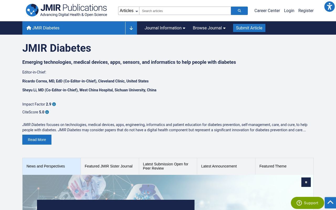 Homepage screenshot of diabetes.jmir.org