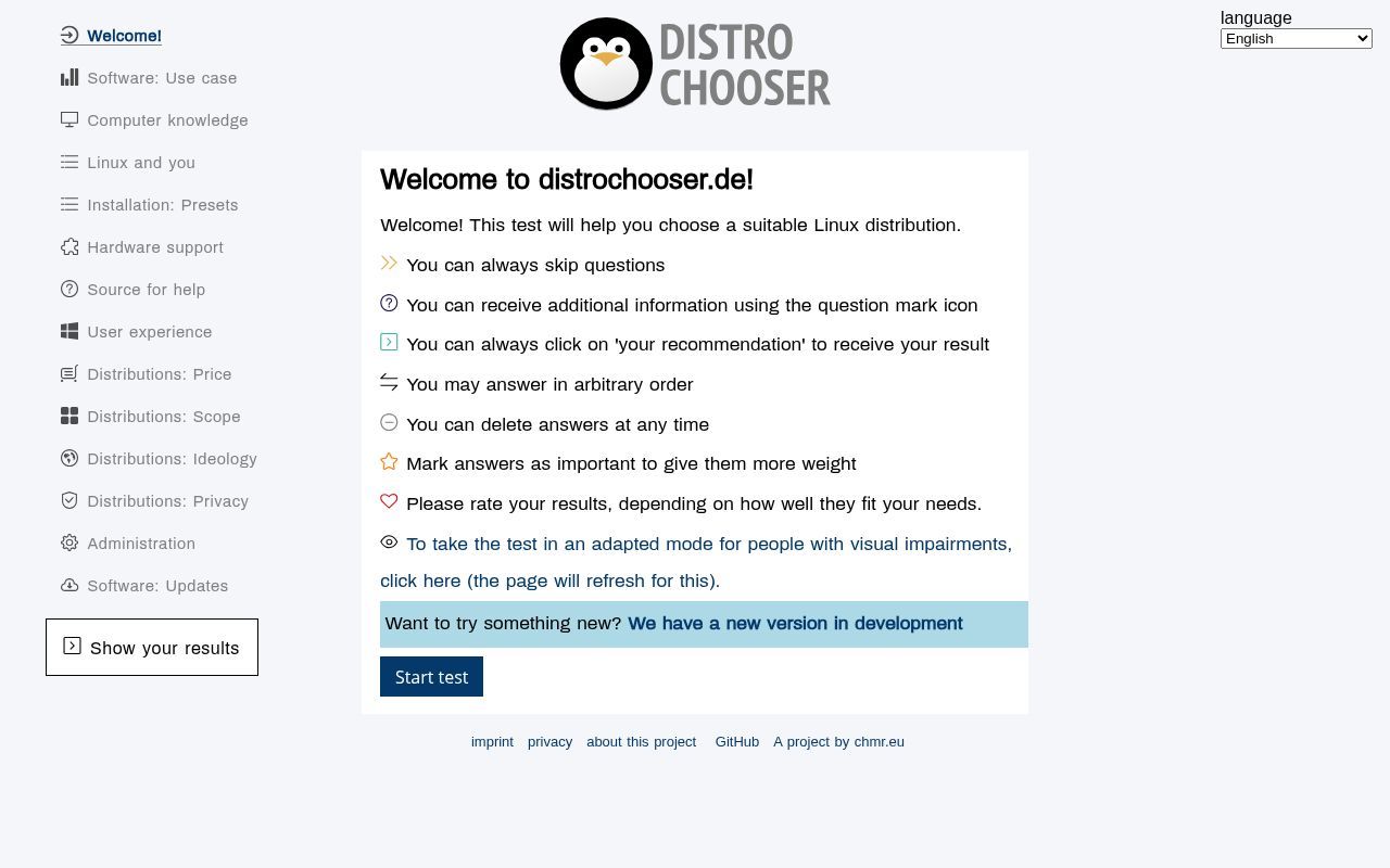 Homepage screenshot of distrochooser.de