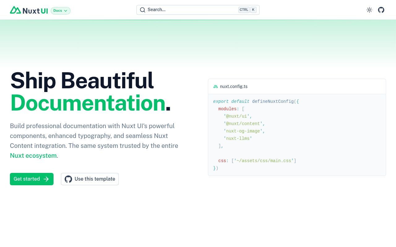 Homepage screenshot of docs-template.nuxt.dev