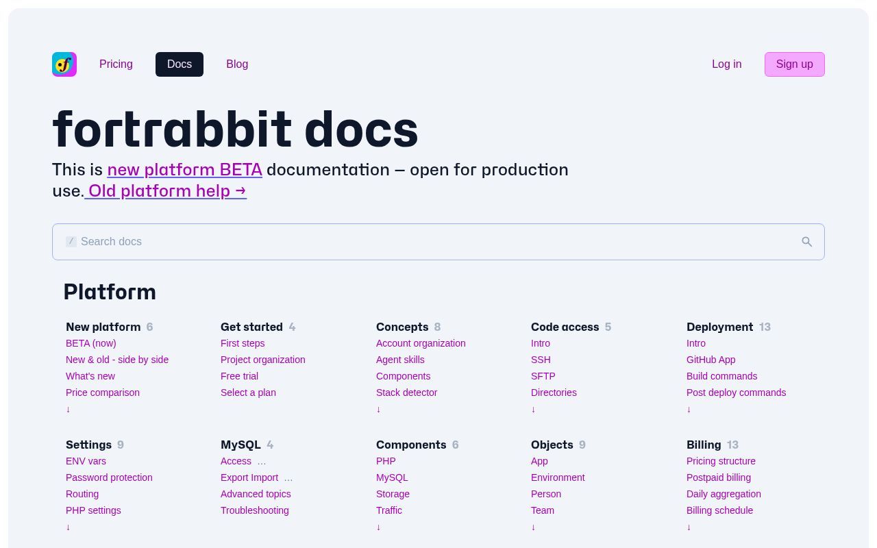 Homepage screenshot of docs.fortrabbit.com