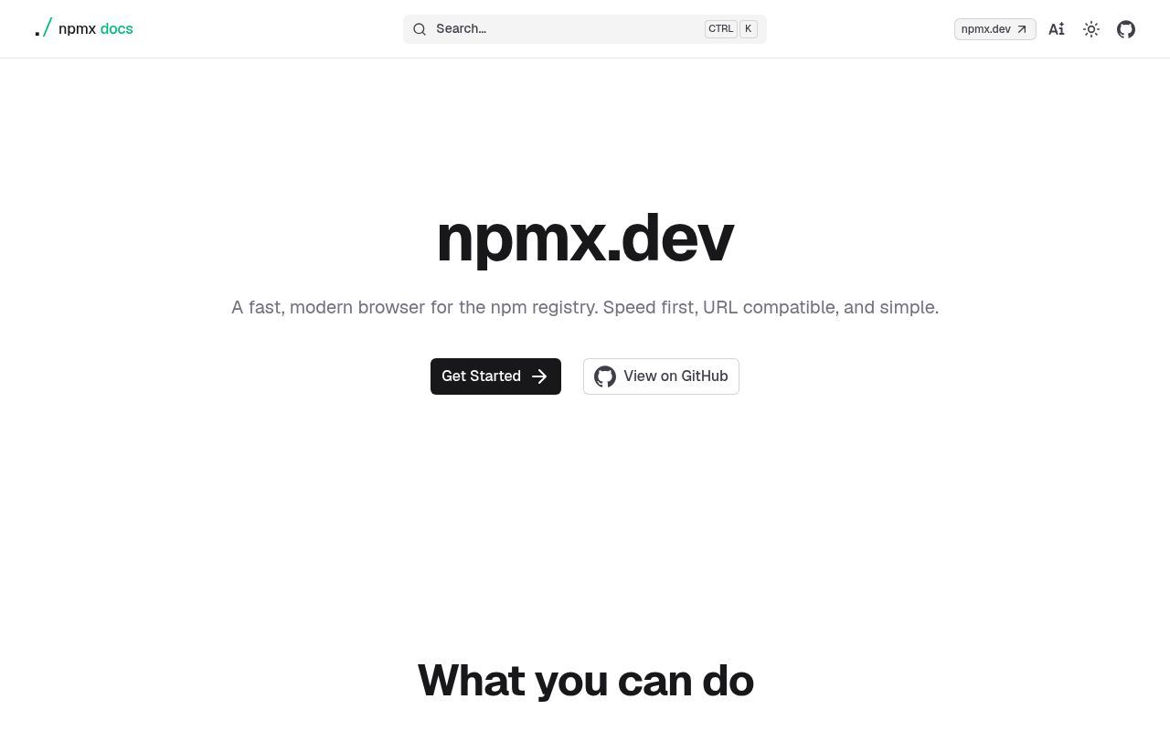 Homepage screenshot of docs.npmx.dev