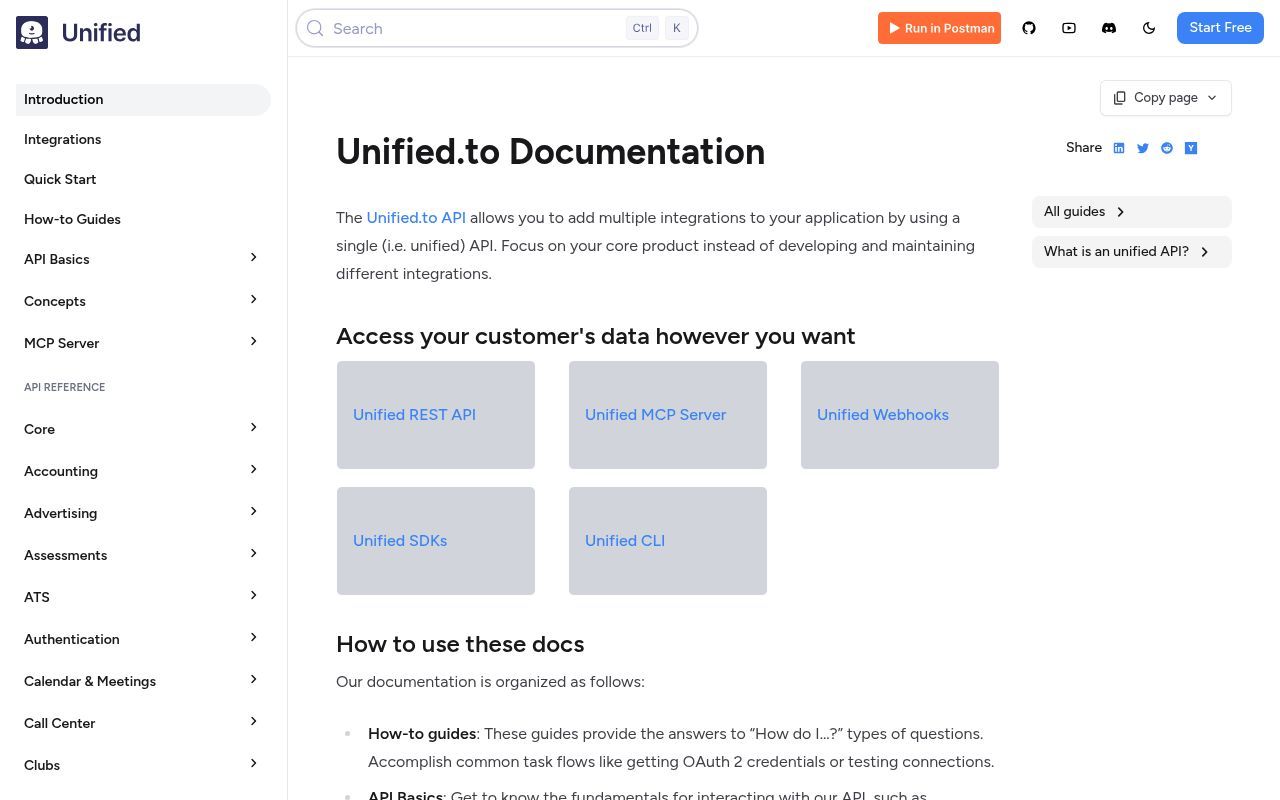 Homepage screenshot of docs.unified.to