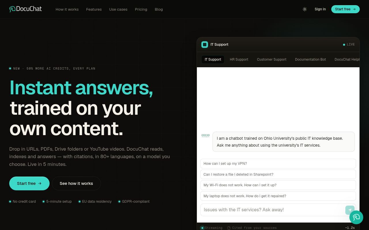 Homepage screenshot of docuchat.io