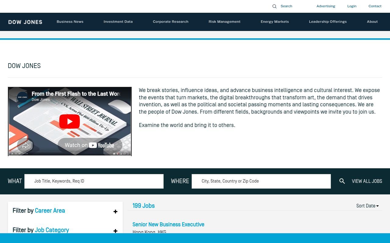 Homepage screenshot of dowjones.jobs