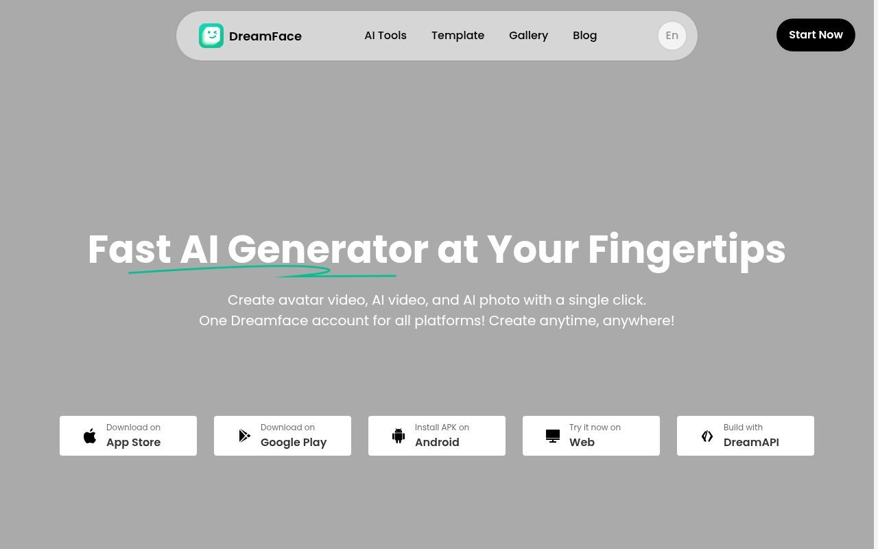 Homepage screenshot of dreamfaceapp.com