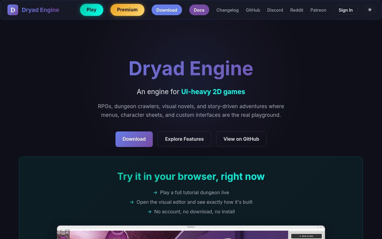 Homepage screenshot of dryadengine.com