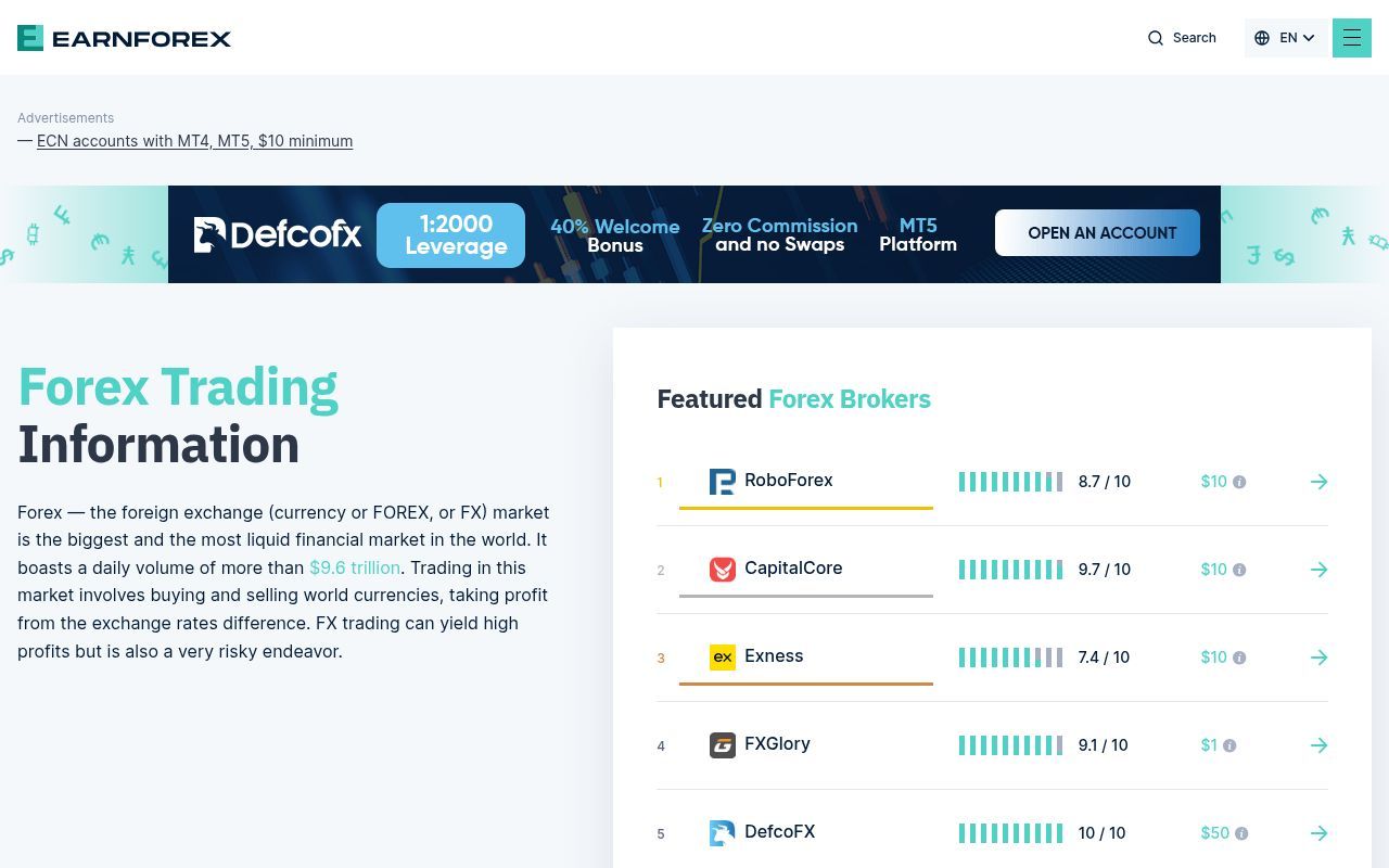 Homepage screenshot of earnforex.com