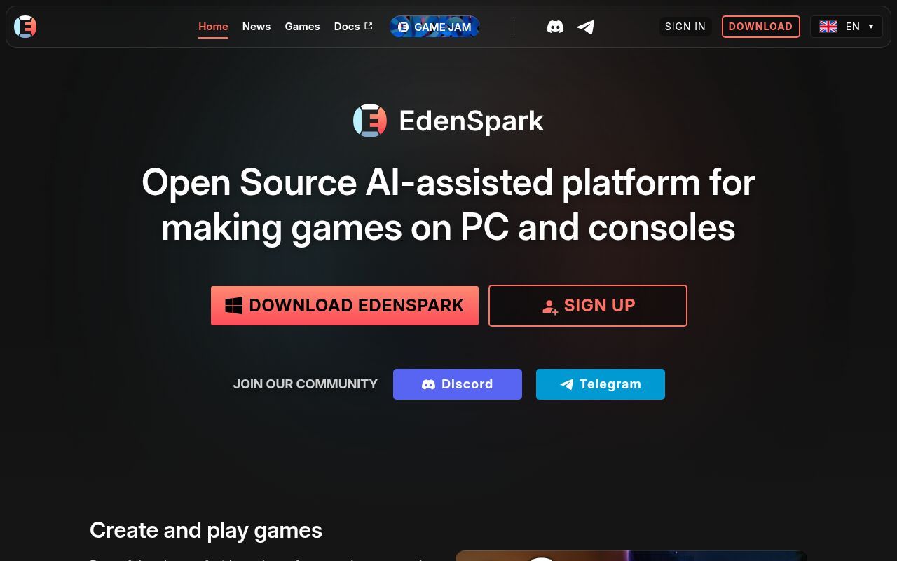 Homepage screenshot of edenspark.io
