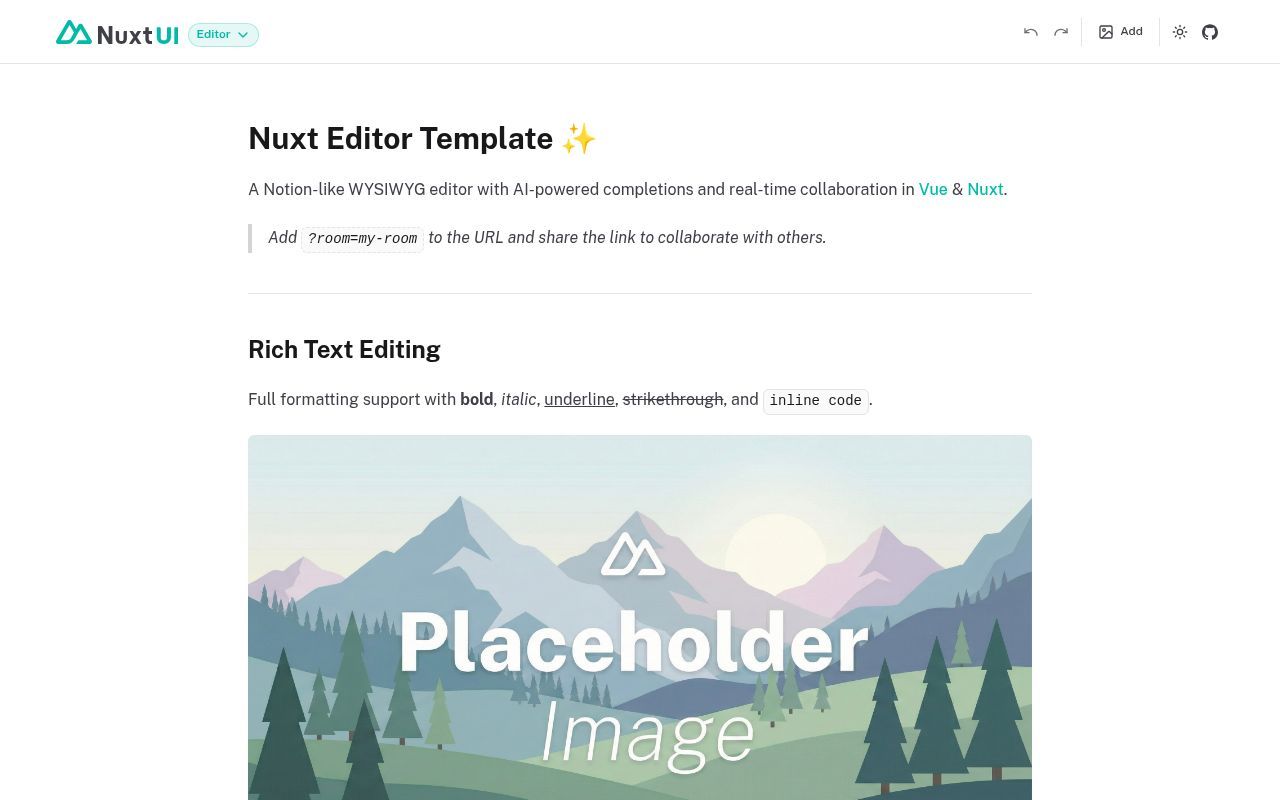 Homepage screenshot of editor-template.nuxt.dev