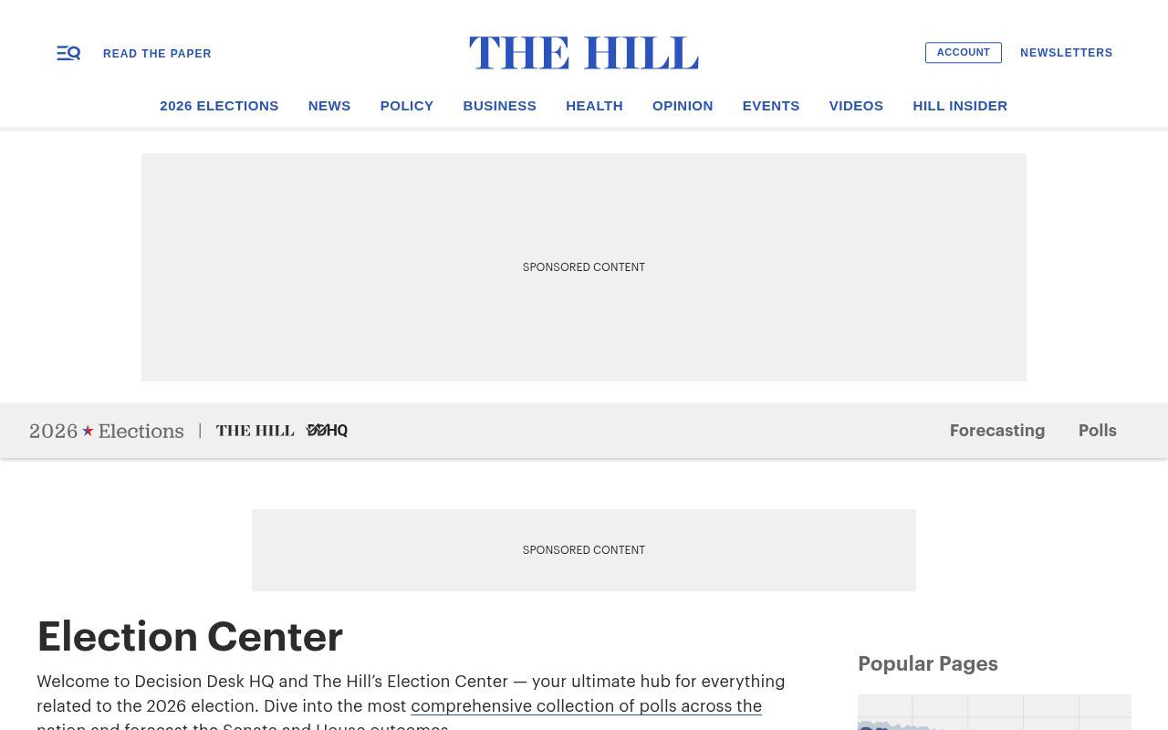 Homepage screenshot of elections2026.thehill.com