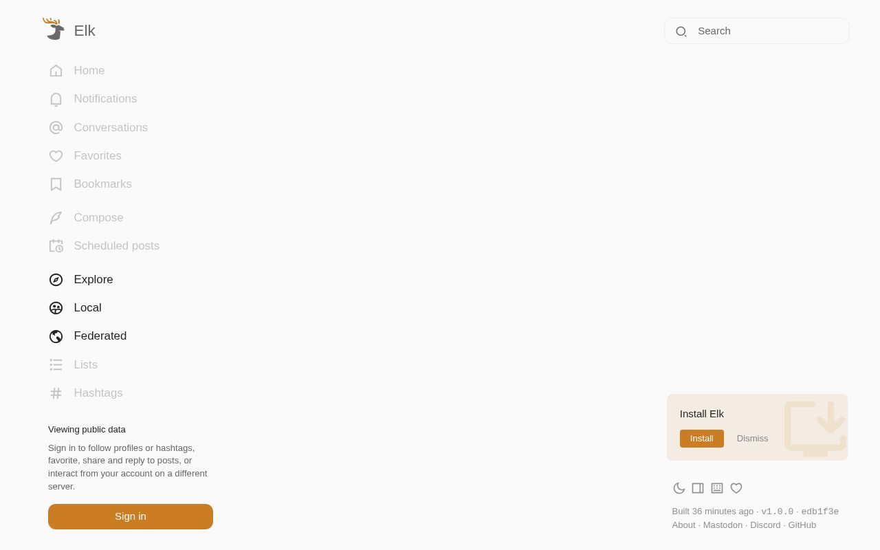 Homepage screenshot of elk.cupoftea.social
