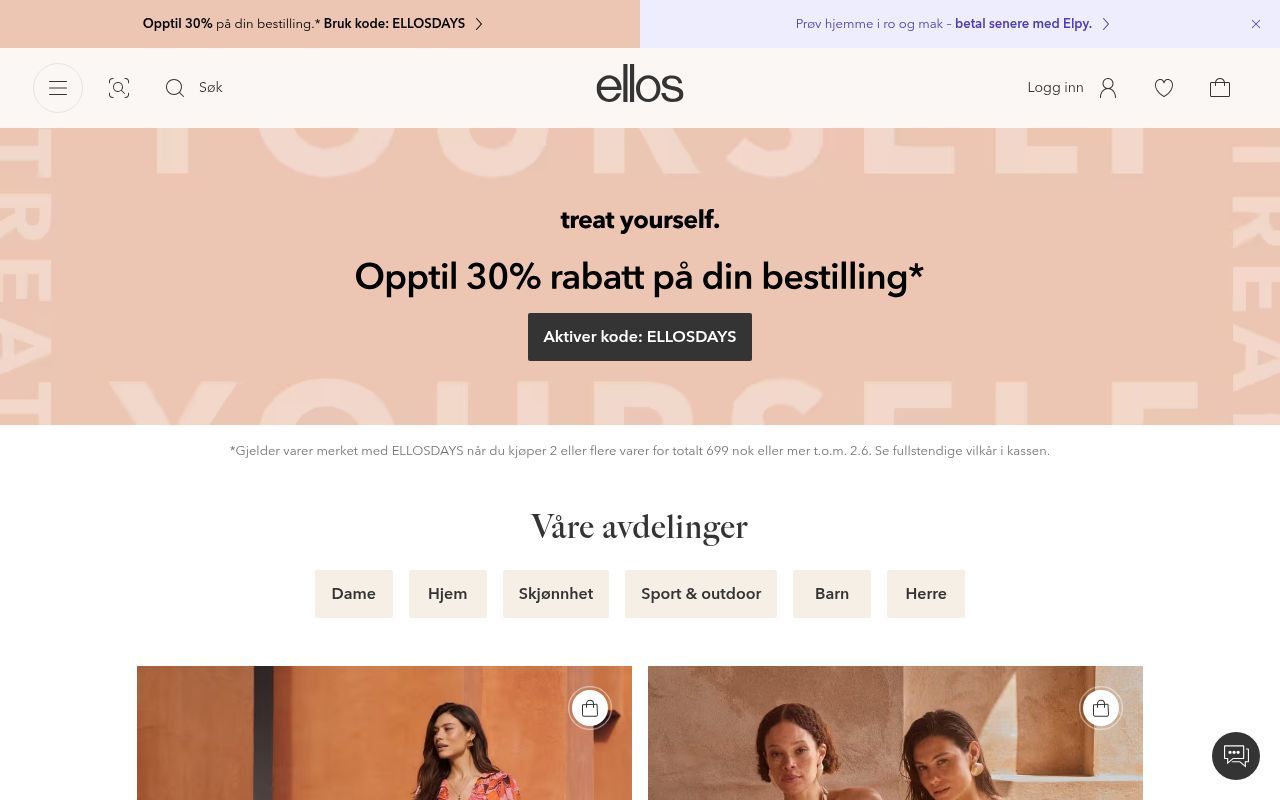 Homepage screenshot of ellos.no
