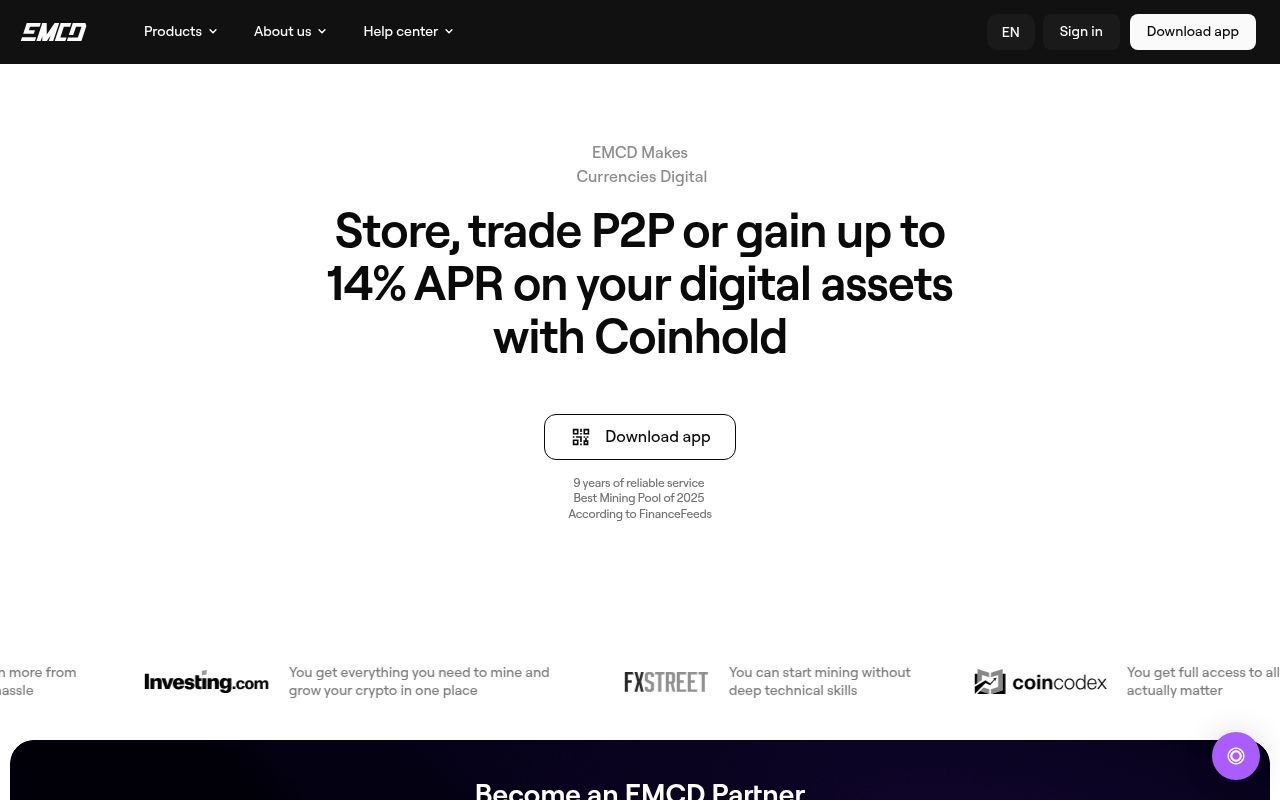 Homepage screenshot of emcd.io