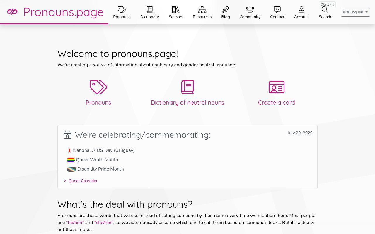 Homepage screenshot of en.pronouns.page