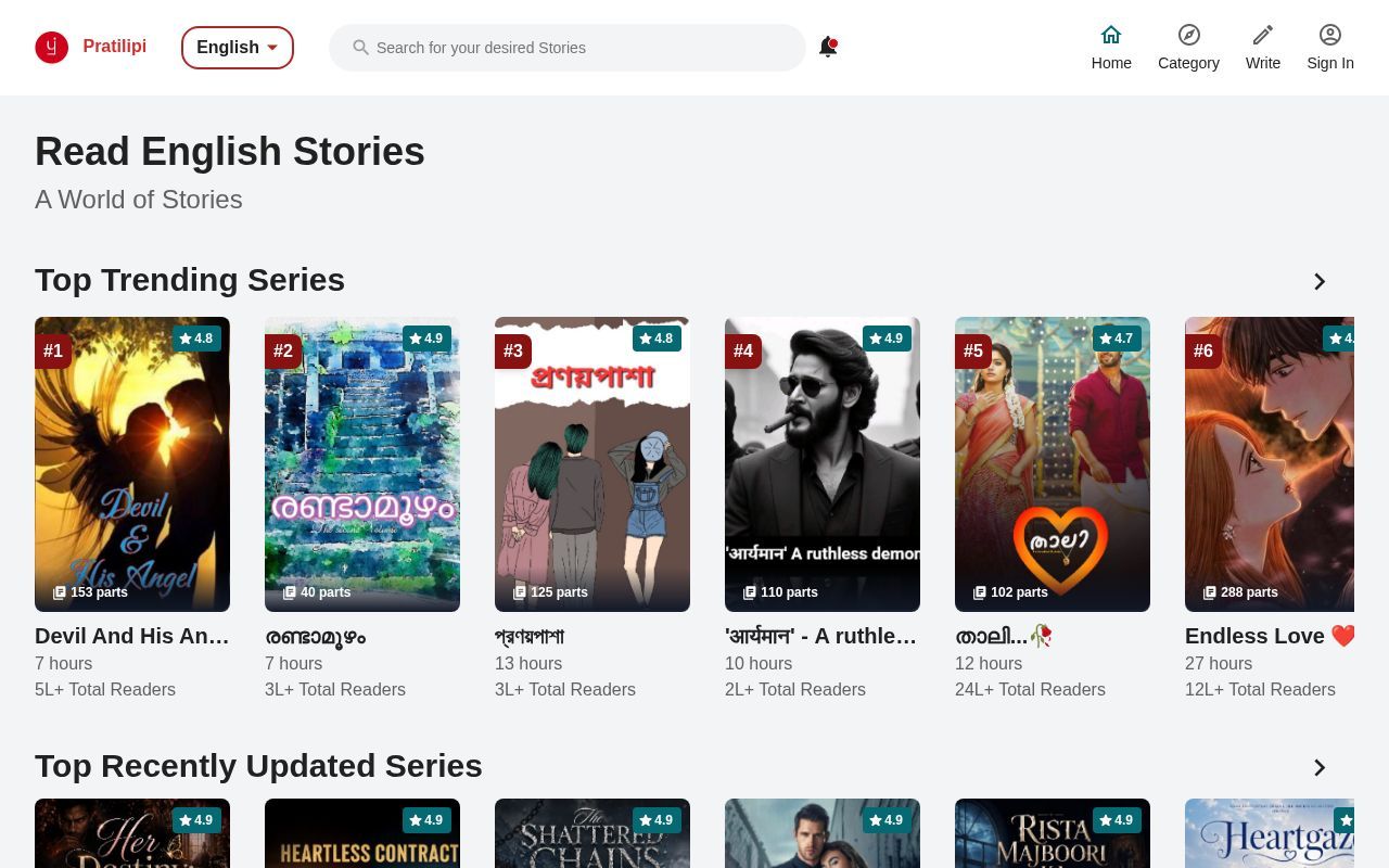 Homepage screenshot of english.pratilipi.com