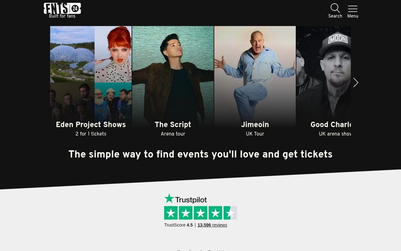 Homepage screenshot of ents24.com