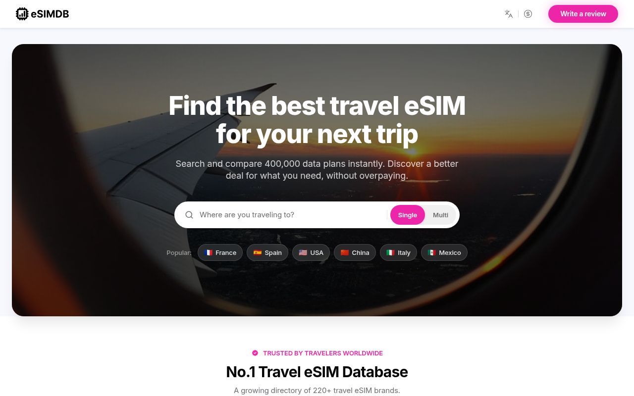 Homepage screenshot of esimdb.com