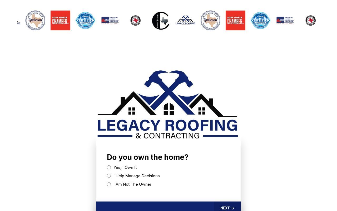 Homepage screenshot of estimate.legacyroofingandcontracting.com
