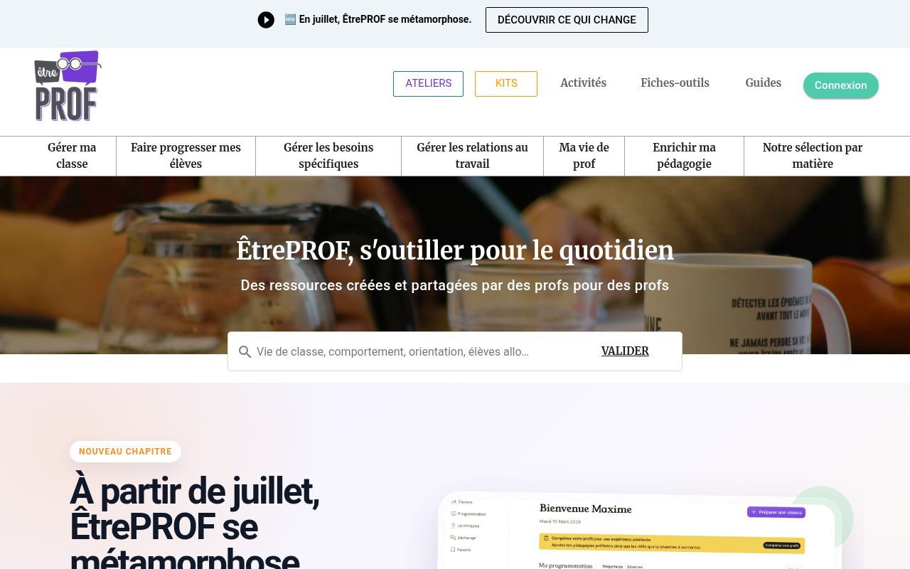 Homepage screenshot of etreprof.fr