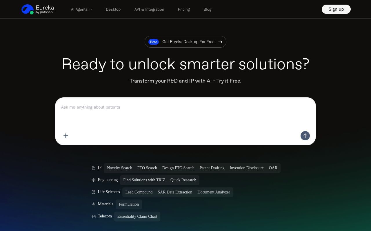 Homepage screenshot of eureka.patsnap.com