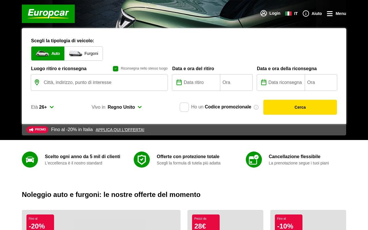 Homepage screenshot of europcar.it