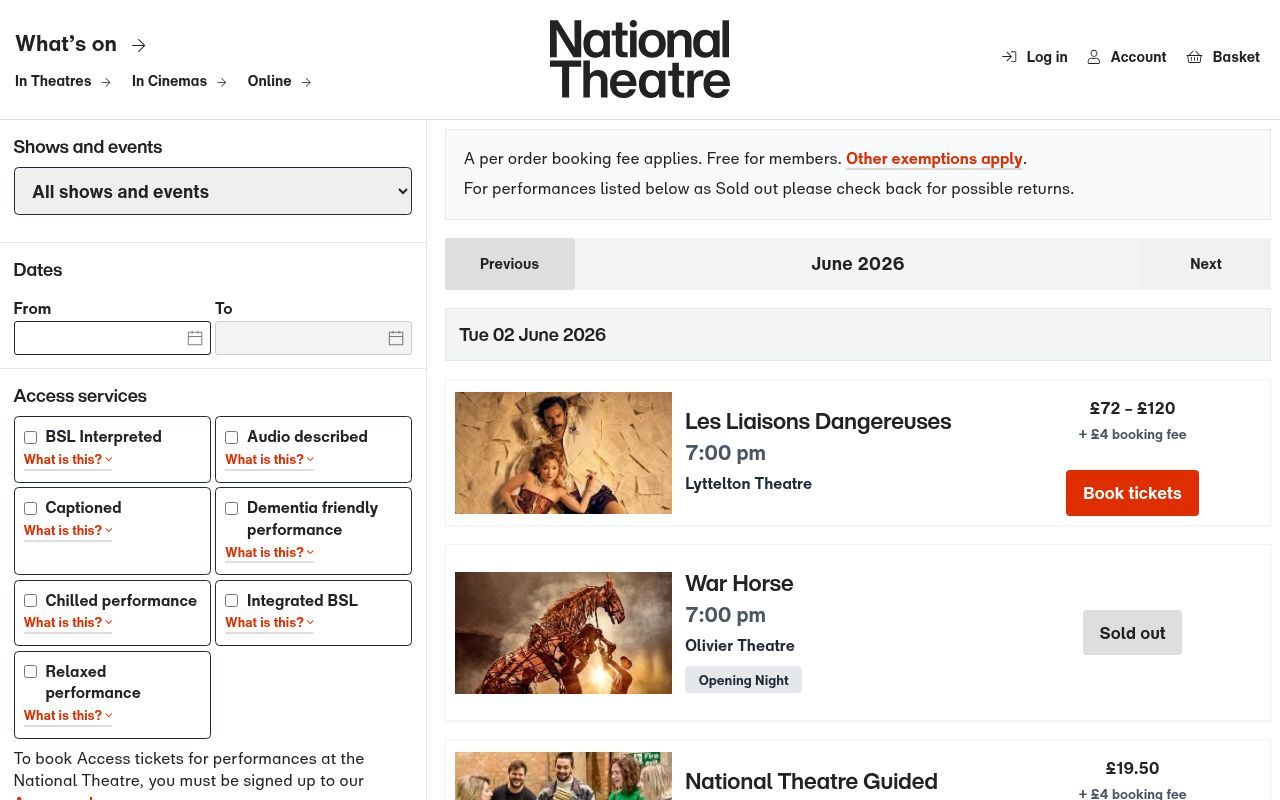 Homepage screenshot of events.nationaltheatre.org.uk