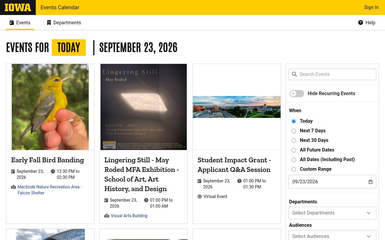 Homepage screenshot of events.uiowa.edu