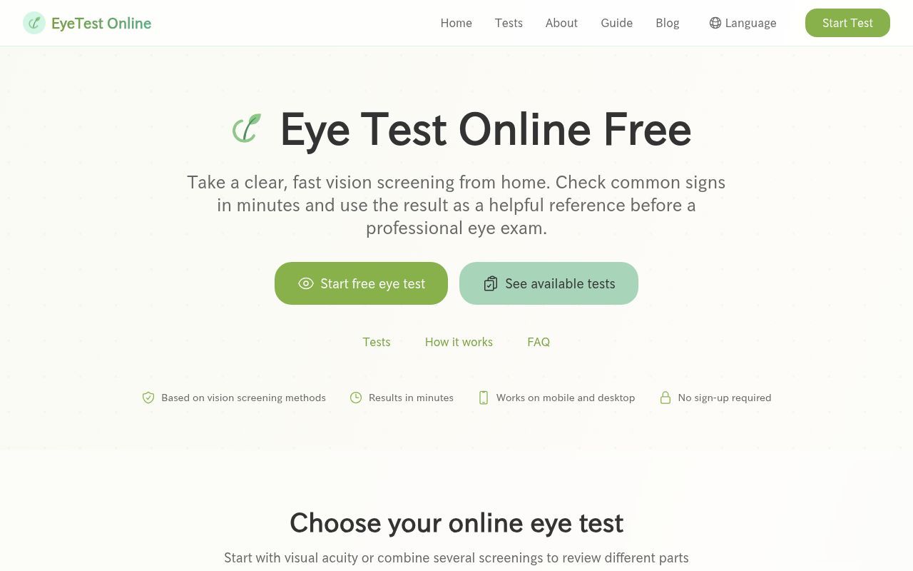 Homepage screenshot of eyetestonline.org