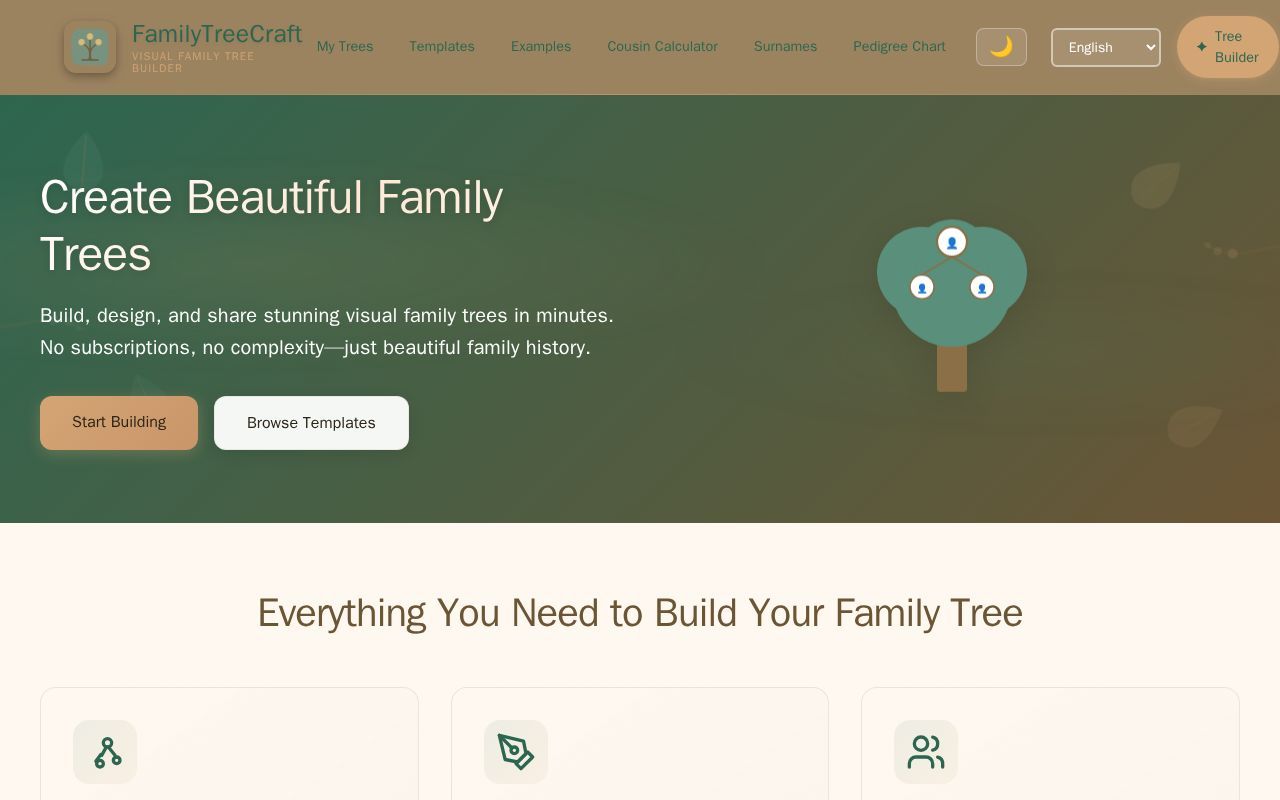 Homepage screenshot of familytreecraft.com