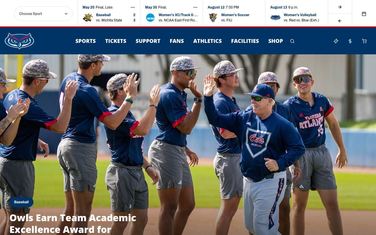 Homepage screenshot of fausports.com