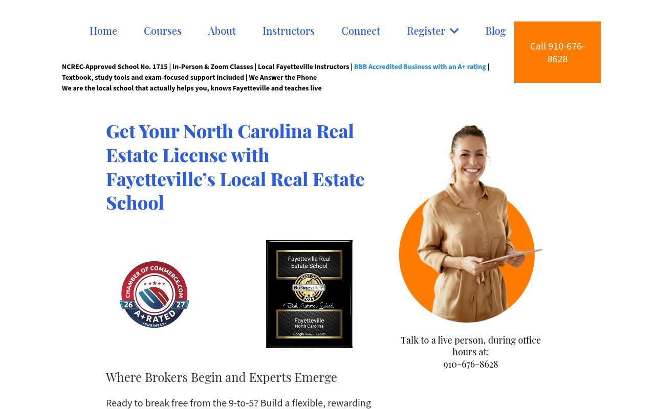 Homepage screenshot of fayettevillerealestateschool.com