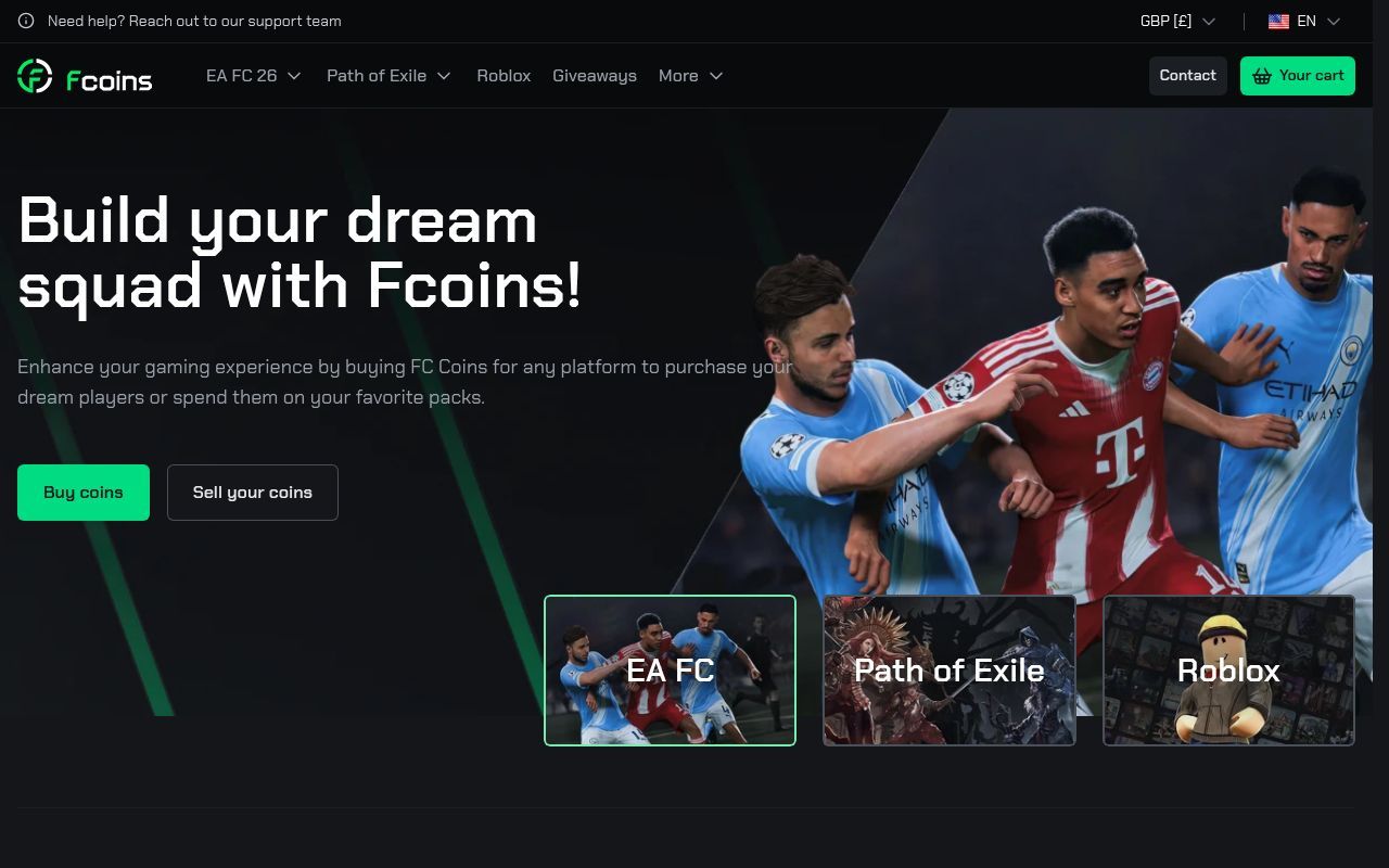 Homepage screenshot of fcoins.gg