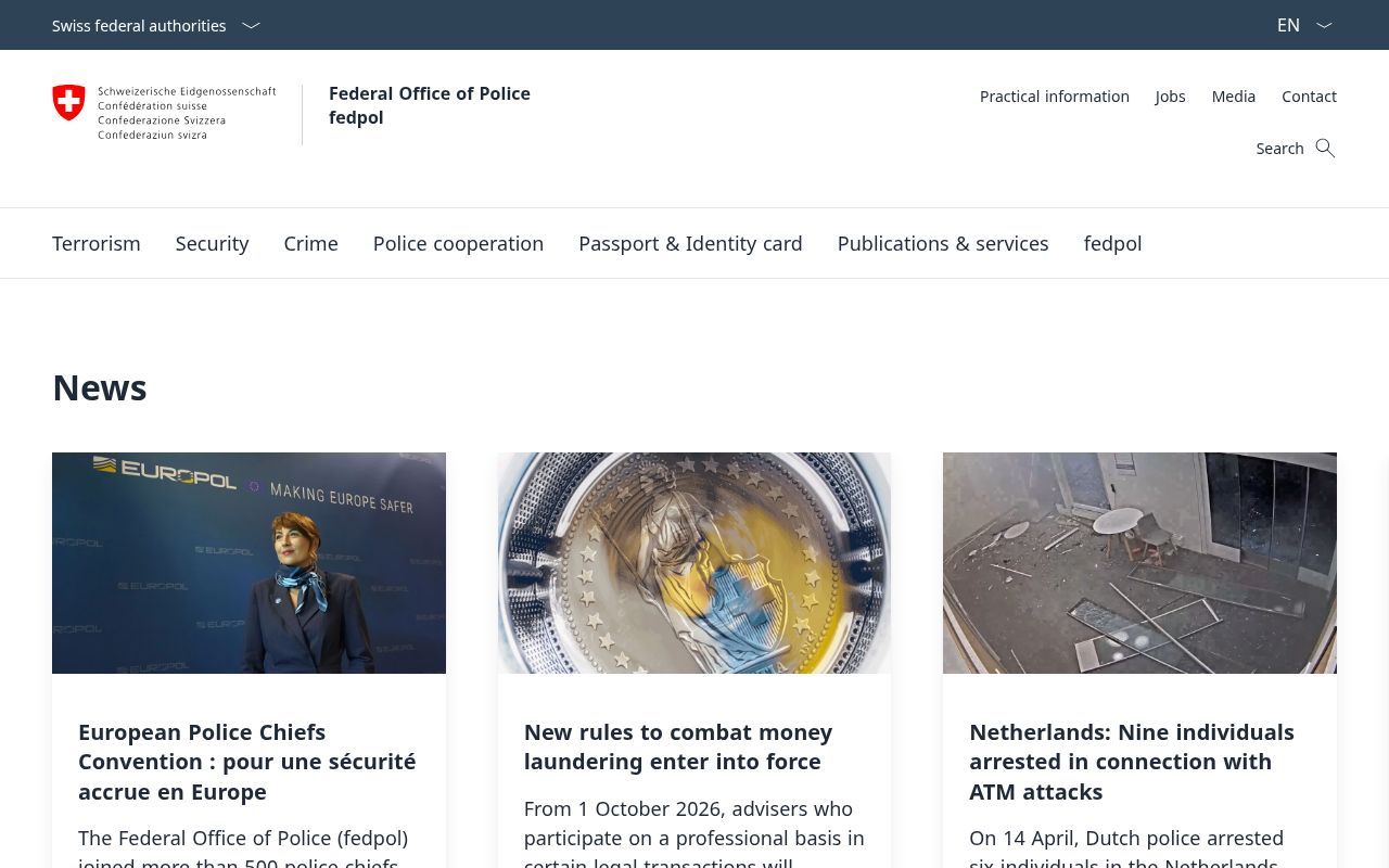 Homepage screenshot of fedpol.admin.ch