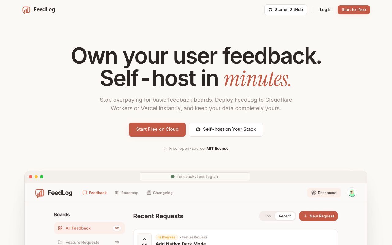 Homepage screenshot of feedlog.ai