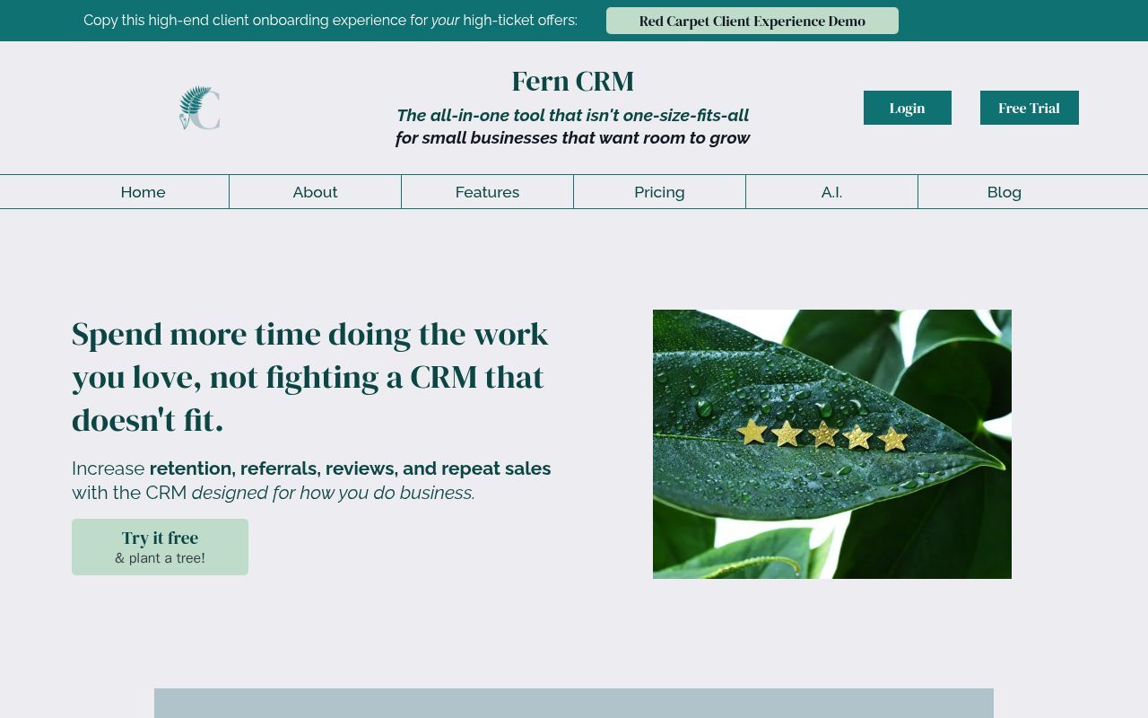 Homepage screenshot of ferncrm.com