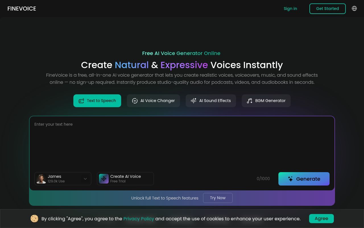 Homepage screenshot of finevoice.ai