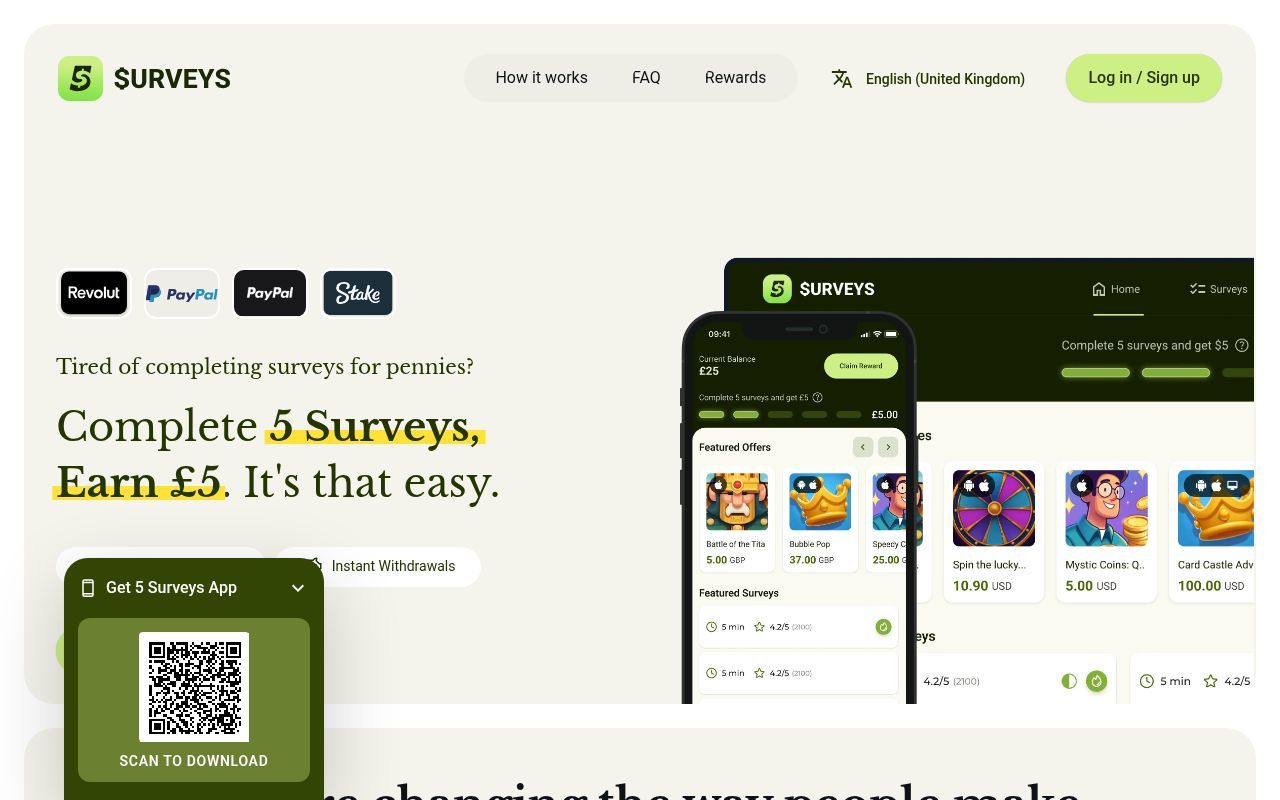 Homepage screenshot of fivesurveys.com