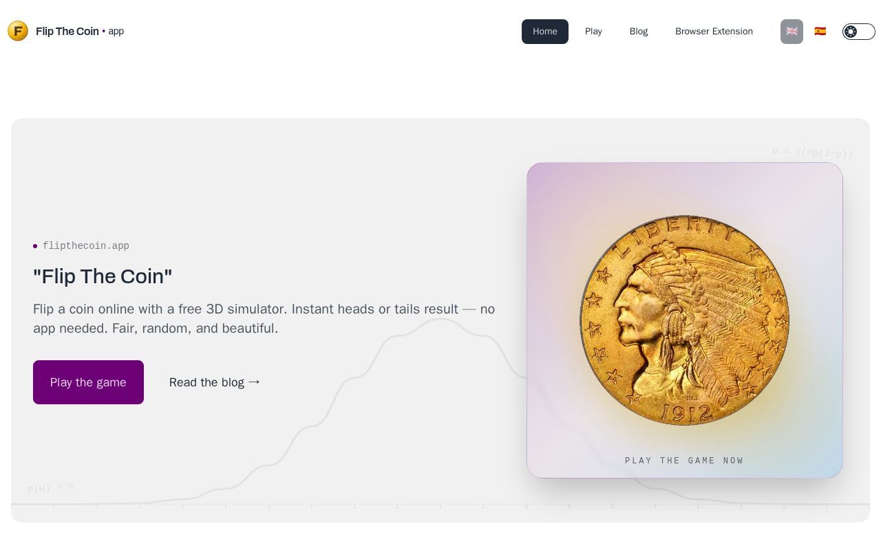 Homepage screenshot of flipthecoin.app