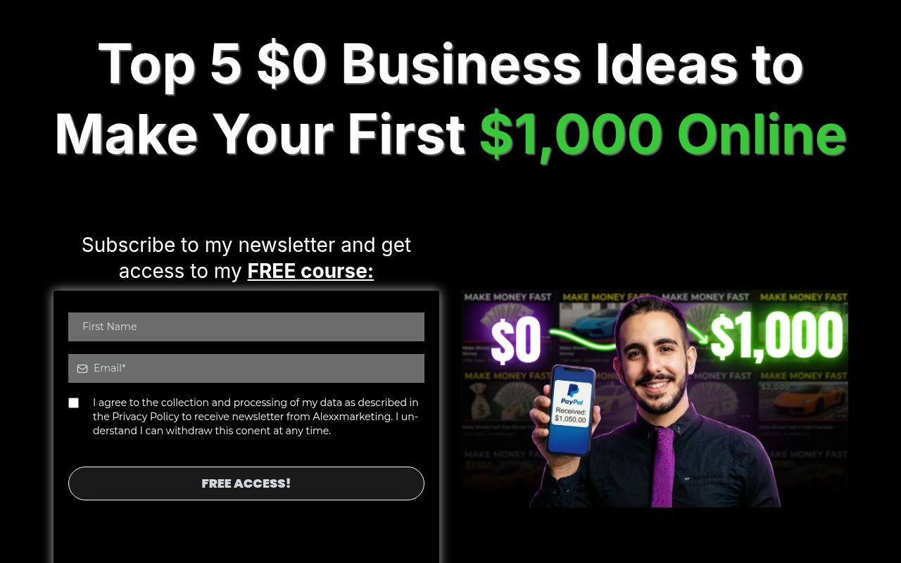 Homepage screenshot of free.alexxmarketing.com