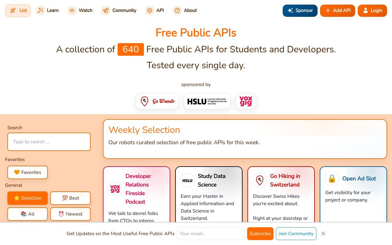 Homepage screenshot of freepublicapis.com