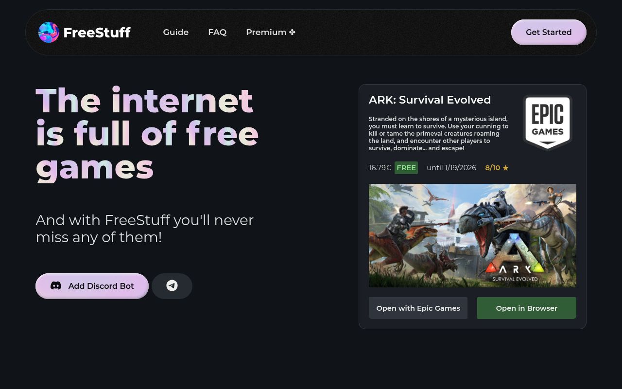 Homepage screenshot of freestuffbot.xyz