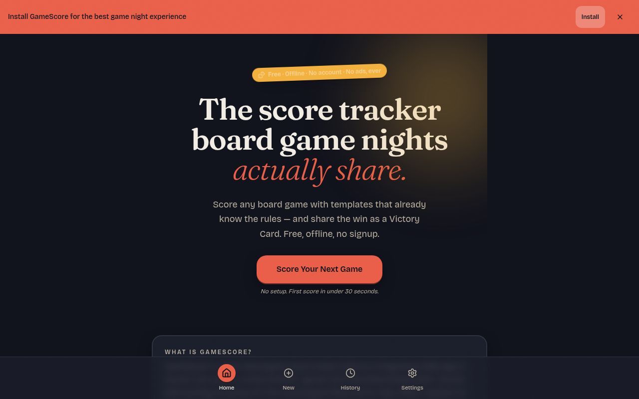 Homepage screenshot of gamescore.cards