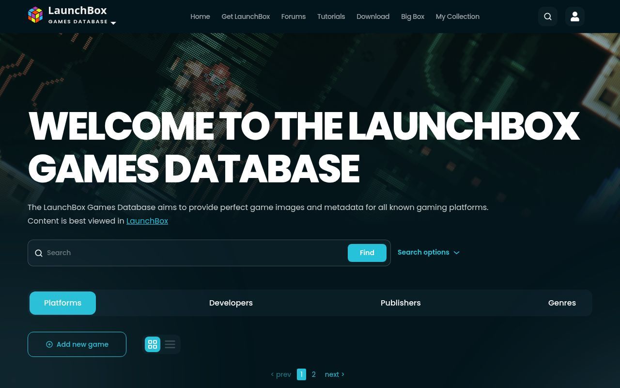 Homepage screenshot of gamesdb.launchbox-app.com