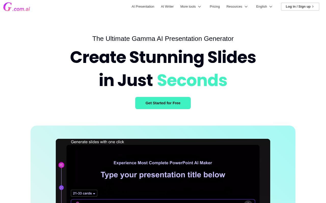 Homepage screenshot of gamma.com.ai