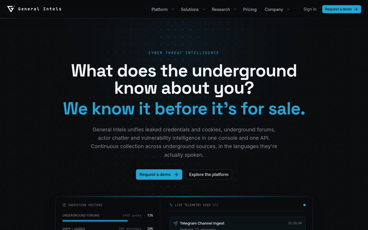 Homepage screenshot of generalintels.com