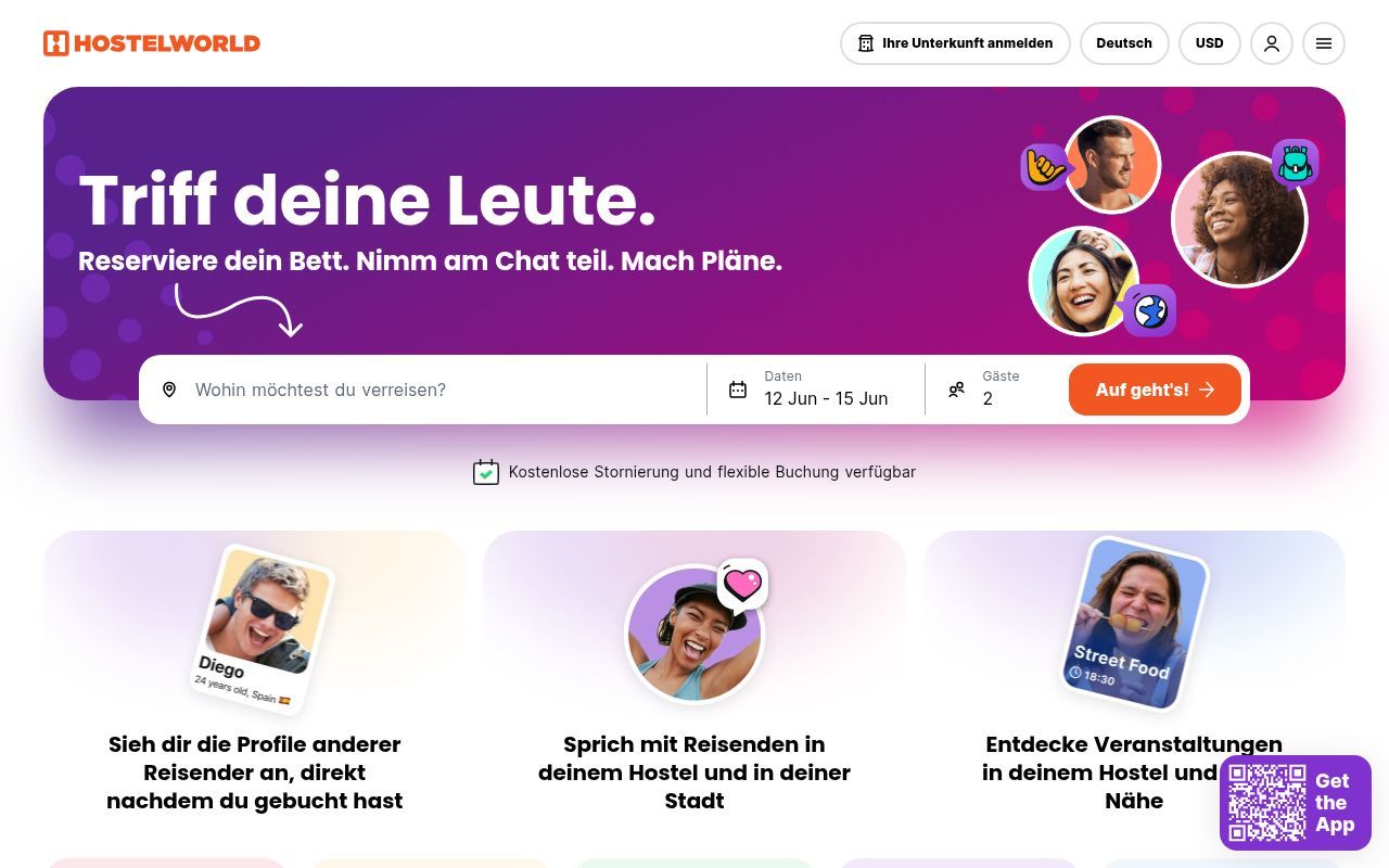 Homepage screenshot of german.hostelworld.com