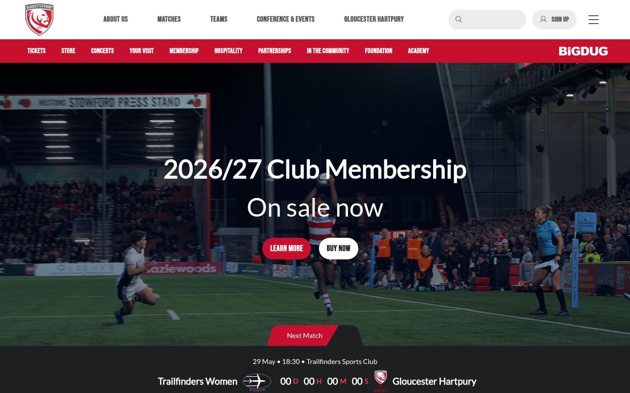 Homepage screenshot of gloucesterrugby.co.uk